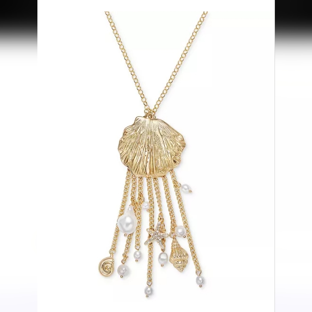 Inc Gold-Tone Pavé Imitation Pearl Shell Fringe Statement Pendant Necklace 31"